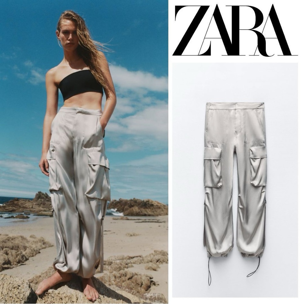 NWT ZARA Satin Cargo Silver Gray Pants Size M - LIMITED EDITION